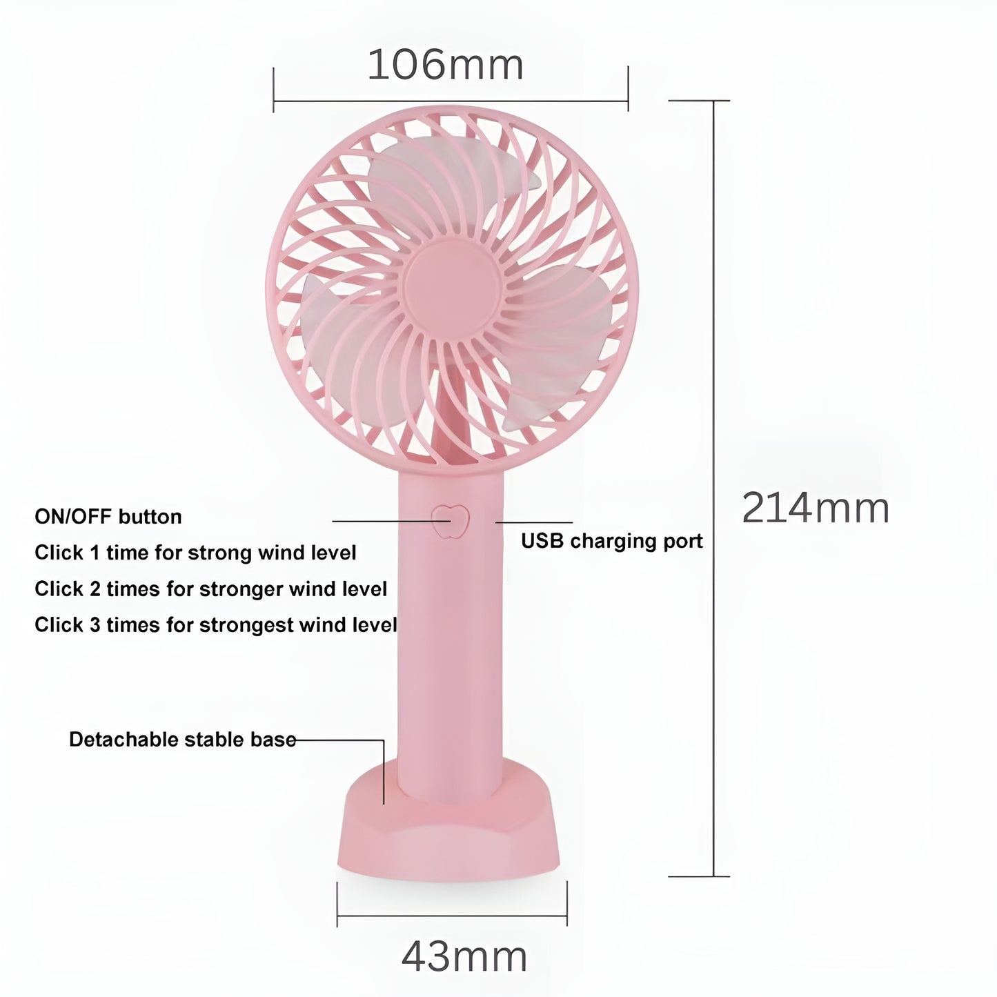 Portable USB Fan – Rechargeable 2000mAh Battery, Up to 6 Hours Working Time, 3-Speed Modes, Compact & Lightweight with USB Cable – Ideal for Home, Office & Travel
